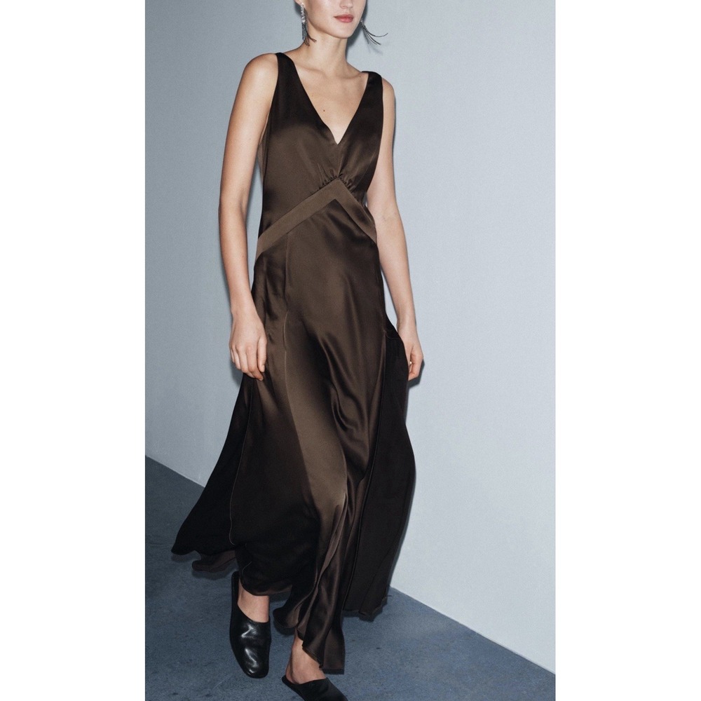 Zara ZW Collection Chocolate Brown Satin Gown Maxi Dress Formal Runway Evening